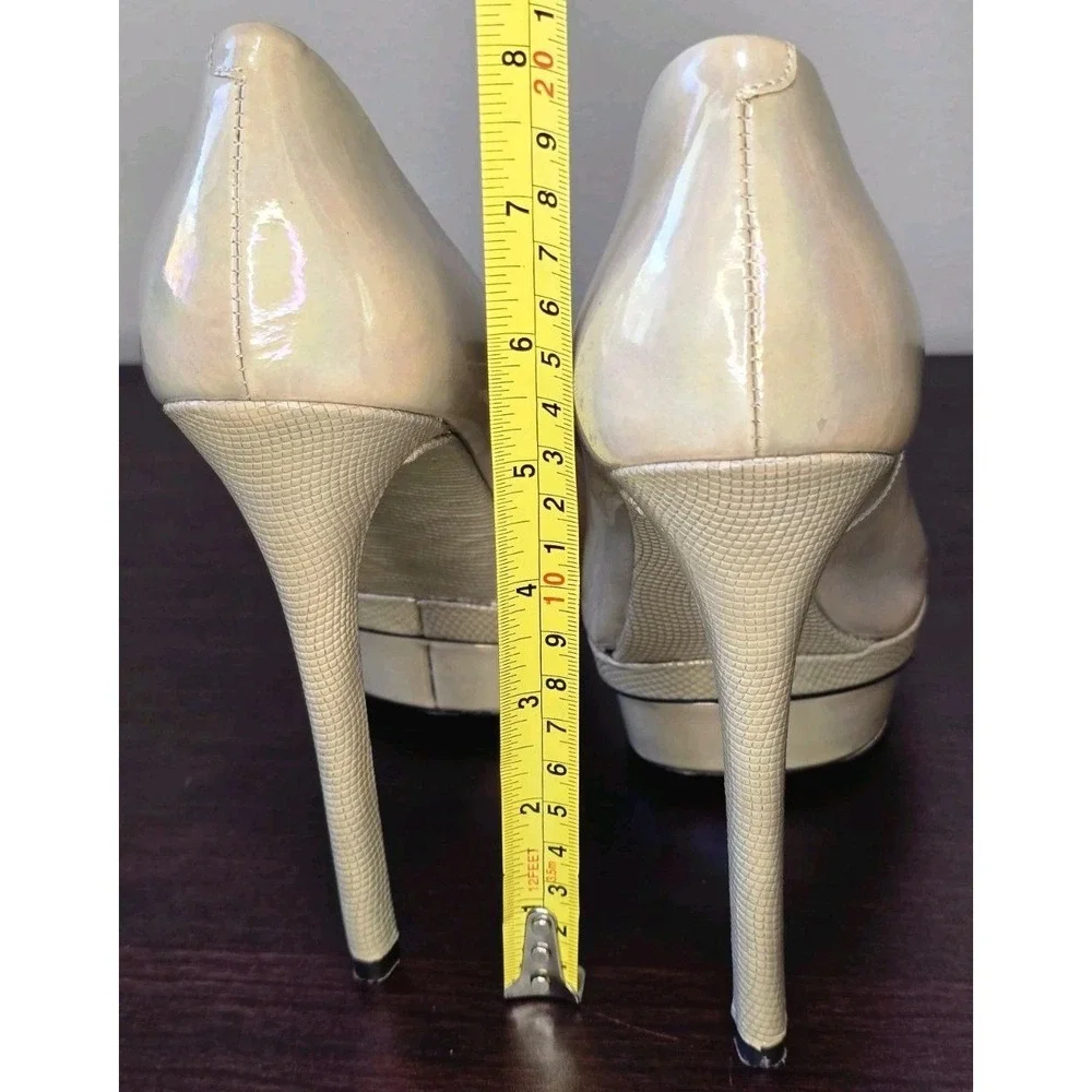 Brian Atwood Bambola Beige Patent Leather Peep Toe Platform Stilettos Heels Sz 7